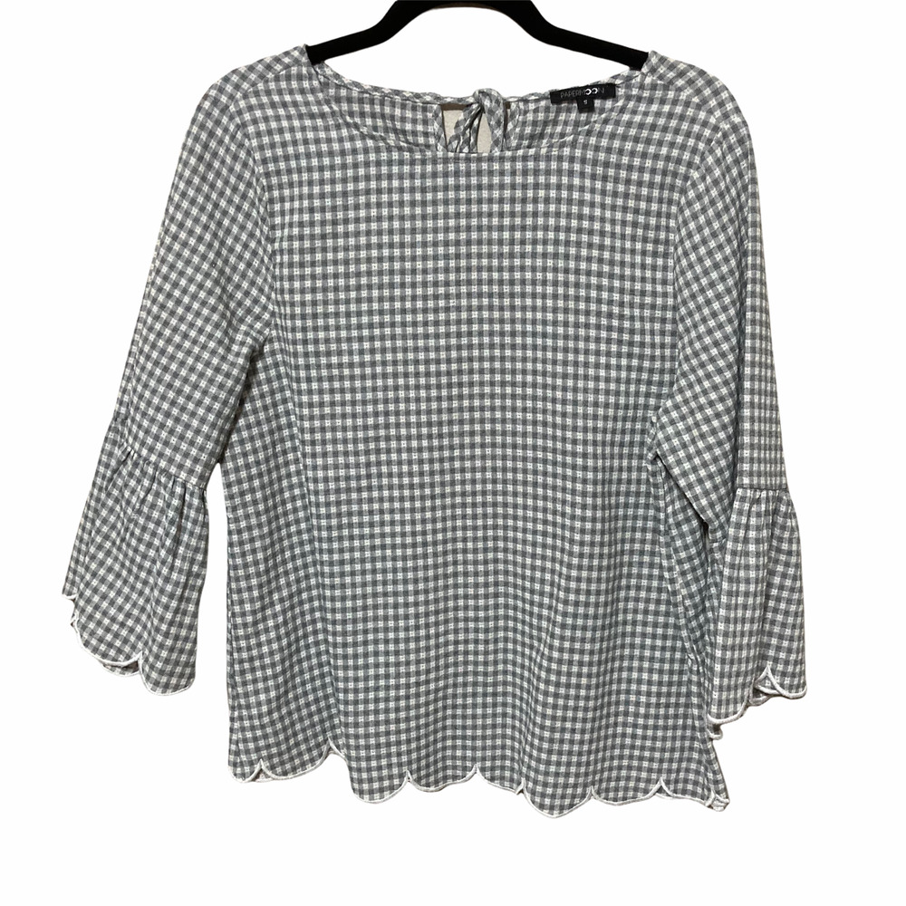 Papermoon Womens Gingham Print Woven Scalloped Edges Top Size Small Green White
